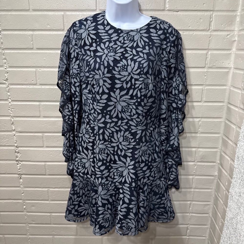 KEEPSAKE Engage Lace Long Sleeve Dress Floral Ruffle Mini Navy Blue Med - Picture 4 of 16